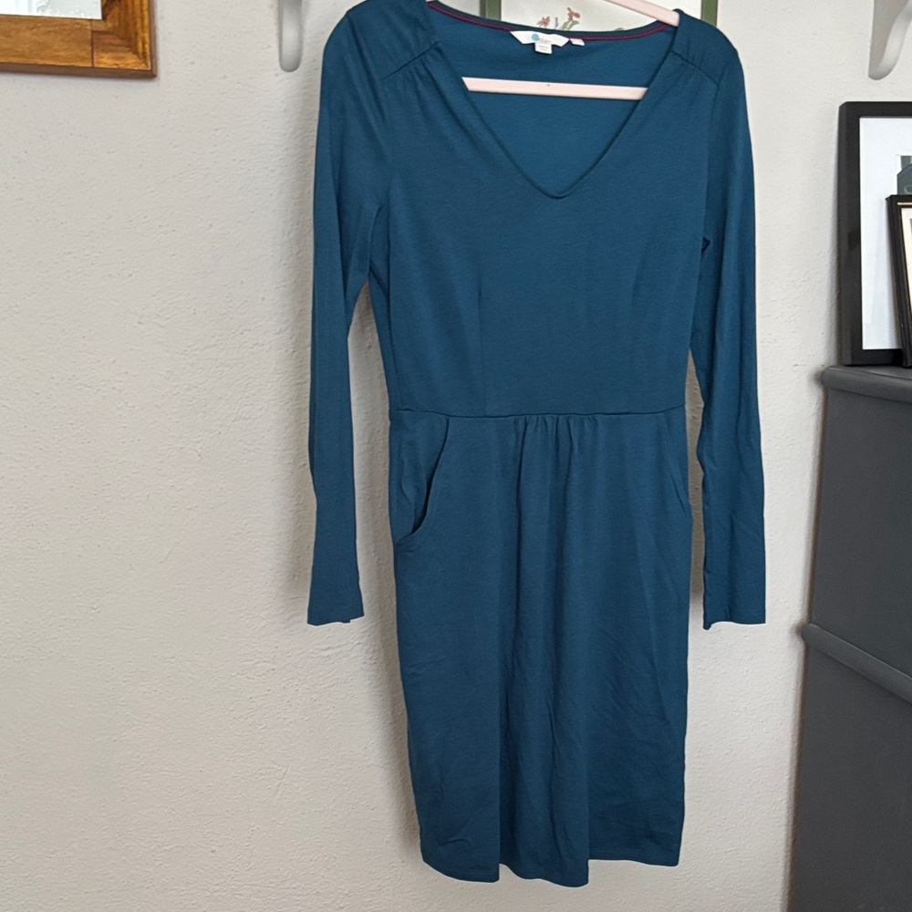 Boden V-Neck Long Sleeve Teal Knit Dress Size 10R